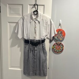 Chic White Blouse dress with navy Striped Skirt Vintage “80’s”